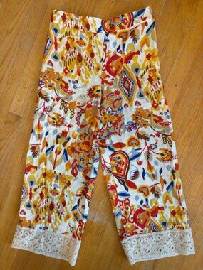 Rachel Zoe Abstract Floral Cropped Wide Leg Pants w/Lace Hem Size XS